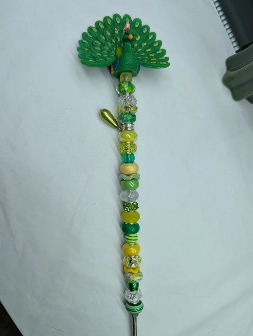 Hand Made Beaded Fairy Wand/Plant/Garden Stake W/Green Peacock Topper 🦚